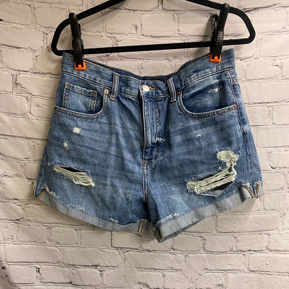 5/$20 Aeropostale Jean Mom Shorts Cuffed Distressed High Rise Blue Denim Sz 12
